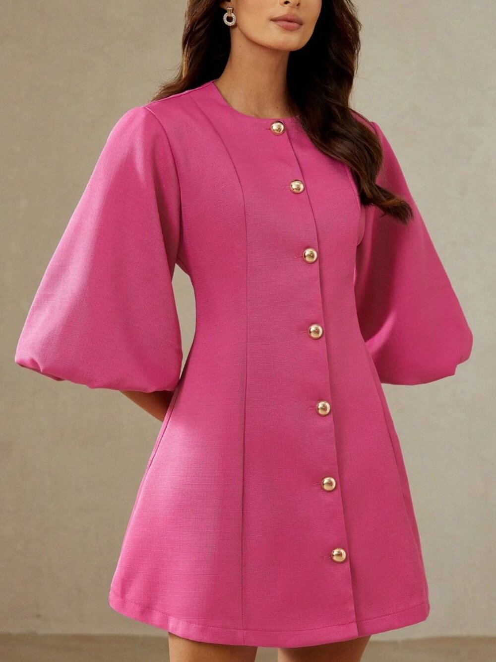 Pink Elegant Women's textured  Buttons Round Neck Lantern Sleeves Mini Dress - Picture 2 of 6